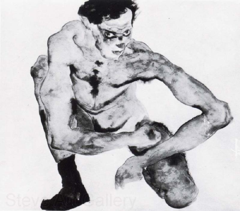 Egon Schiele Squatting male nude with stockings Spain oil painting art